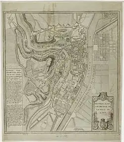 Plan ancien d'une ville traversée par deux cours d'eau majeurs.