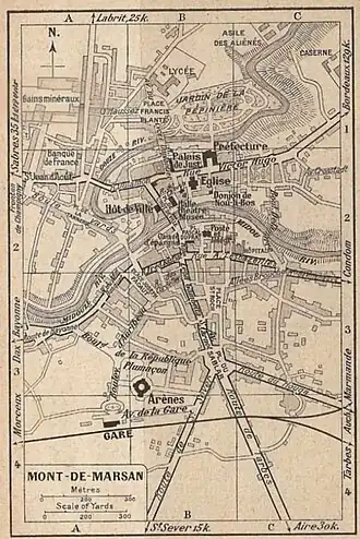 Confluence de la Douze et du Midou sur un plan ancien de Mont-de-Marsan, formant la Midouze.