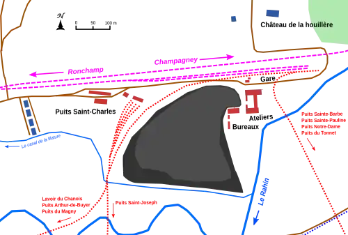 Schématisation des installations du puits, des terrils et cités minière.