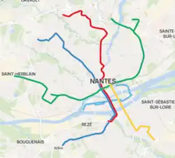 Ligne 1 en vert, ligne 2 en rouge, ligne 3 en bleu, ligne 4 (busway) en bleu ciel, ligne 5 (busway) en jaune