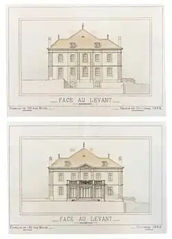 Plans de l'élévation de la façade est avant et après les travaux 1884-1886 par Gustave Brocher.