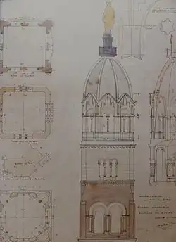 Plans et élévations dessinés au crayon d'un clocher surmonté d'une statue de Marie.