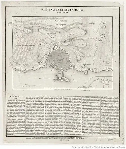 un plan gravé et encré en noir avec ombrage montrant la rade, le port et la vieille ville d'Alger en 1808