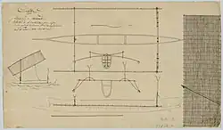 plans d'une pirogue à balancier double dessinés à l'encre noire. vues du dessus, coupes longitudinales, coupes transversales, vue latérale de la voile, vue d'une pagaie. Annotations à l'encre noire.