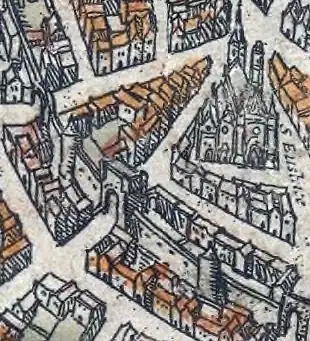 Porte Montmartre sur le Plan de Braun et Hogenberg (vers 1530).
