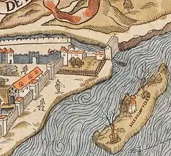 Sur le plan de Truschet et Hoyau vers 1550, la tour a disparu ; à droite l'île Louviers.