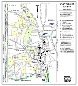 Plan de Survilliers en 1779, d'après le premier plan cadastral de 1779, avec lieux-dits et noms des chemins