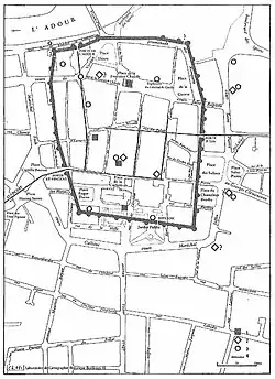 Légende symboles des découvertes archéologiques : 1 construction 2 mosaïque 3 monnaies 4 voies principales