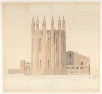 Restauration des abords : porte Dominique, sacristies, par A. L. Hardy (1880).