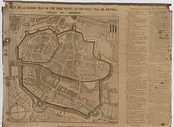 Plan de la vieille ville ou cité, ville neuve, et nouvelle ville de Rennes, capitale de Bretagne. Sur ce plan de 1663, la place des Lices est repérée par le numéro 4, dans la partie supérieure droite.
