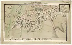 Plan d’époque sur les attaques françaises lors du siège se déroulant d’avril à mai 1748.