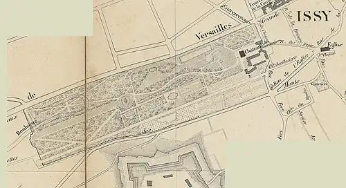 Plan des jardins du château d'Issy vers 1860, Paris, BnF. Leur emprise est intacte.