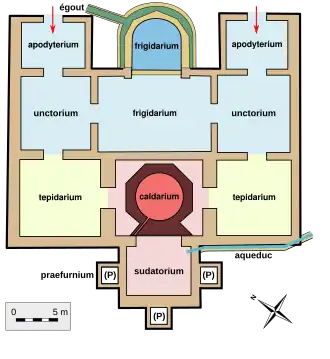 Plan légendé et en couleurs d'un édifice thermal antique.