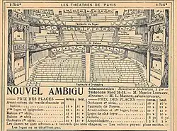 Plan du théâtre Le Nouvel Ambigu en 1925, avec l’indication du prix des places et de l’administration.