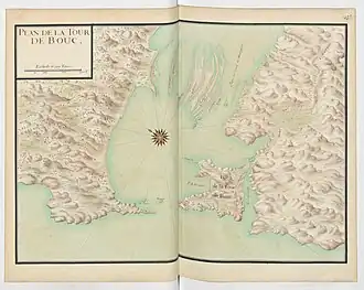 Carte (orientée à l'est) montrant l'île de Bouc à la fin du XVIIe&nbsp;siècle.