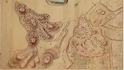 Plan du fort Saint-Philippe, avec les lignes d'approche des différentes tranchées françaises lors du siège.