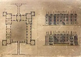 Plan et élévation du château de Pont-sur-Seine, construit d'après les dessins de Pierre Le Muet, architecte du Roy. Archives départementales de l'Aube, 61 J 306