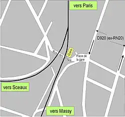 Plan de situation des voies ferrées à la gare RER de Bourg-la-Reine.