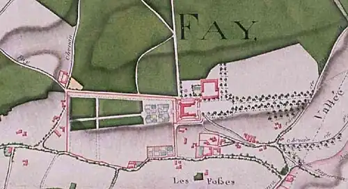 Plan d'intendance de Faÿ-les-Nemours, XVIIIe&nbsp;siècle, avec le plan du château et des jardins.