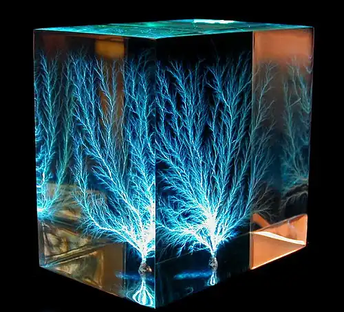 bloc de matériau transparent avec une inclusion ressemblant à un éclair finement subdivisé.