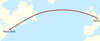 Plan de vol de l'Oiseau blanc : trajectoire nord-ouest s'incurvant peu à peu pour arriver au sud-ouest au sud du Groenland