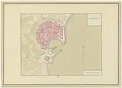 Plan de La Ciotat de 1777 indiquant le fort du Bérouard au sud de la muraille est et le fort Saint-Martin au nord.