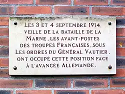 Plaque commémorative 1re&nbsp;guerre mondiale, 3 et 4 septembre 1914 à Survilliers (95).
