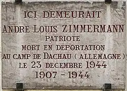La plaque en mémoire d'André Louis Zimmermann