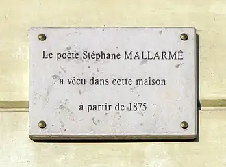 Plaque en hommage à Stéphane Mallarmé au no&nbsp;89 rue de Rome.