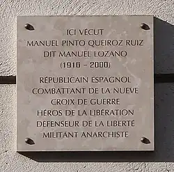 Plaque à la mémoire de Manuel Pinto Queiroz Ruiz, dit Manuel Lozano.