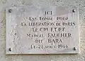 Plaque en hommage à Marcel Faucher, mort pour la Libération de Paris (1944).