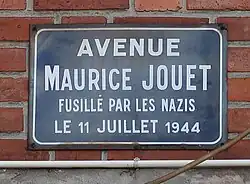 Plaque de l'avenue Maurice-Jouet, fusillé par les Nazis en 1944.