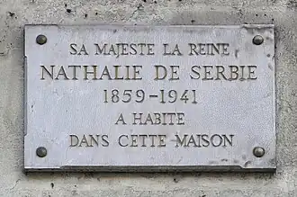 Plaque à la mémoire de Nathalie de Serbie au no&nbsp;11.