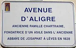Plaque de l'avenue d'Aligre à Chartres, Eure-et-Loir.