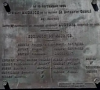 Plaque commémorative du sauvetage des naufragés du navire à passagers Austria le 15 septembre 1858.