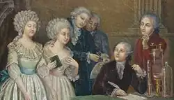 Portrait anonyme. Claudine Picardet pourrait être le personnage tenant un livre à la main