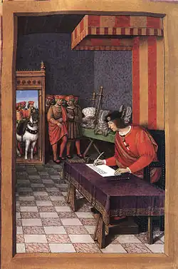 Louis&nbsp;XII écrivant à Anne de Bretagne (Épîtres de poètes royaux, vers 1510, Saint-Pétersbourg, fo&nbsp;51&nbsp;vo).