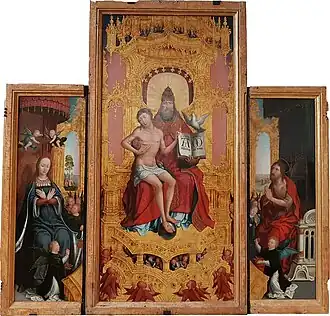 La Vierge et saint Jean-Baptiste priant la Sainte Trinité, panneaux centraux du polyptyque d'Anchin, Jehan Bellegambe (v. 1510), musée de la Chartreuse de Douai.