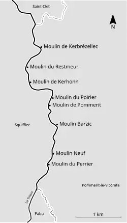 Liste et situation des moulins à eau du Trieux sur la commune.