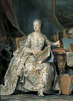 Maurice Quentin de La Tour, Portrait en pied de la marquise de Pompadour (1748–1755), Pastel sur papier bleu, rehauts de gouache, le visage rapporté sur un empiècement. Musée du Louvre, Paris.