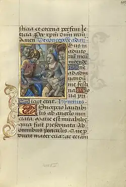 Page manuscrite avec une petite miniature d'un soldat tuant un bébé dans les bras de sa mère