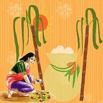 Illustration stéréotypique du Pongal :Marmite de riz mis au feu et en ébullition; Cannes à sucre en décoration; Réalisation de kolam (mandala) colorés; Fond de soleil (évoquant Surya).