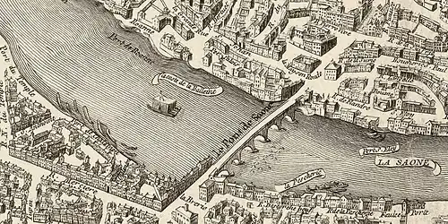 Dessin sur le plan scénographique de Lyon, copie du XVIIIe siècle par Maurille-Antoine Moithey.