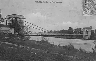 Carte postale ancienne du pont suspendu de Chazey, détruit en 1944.