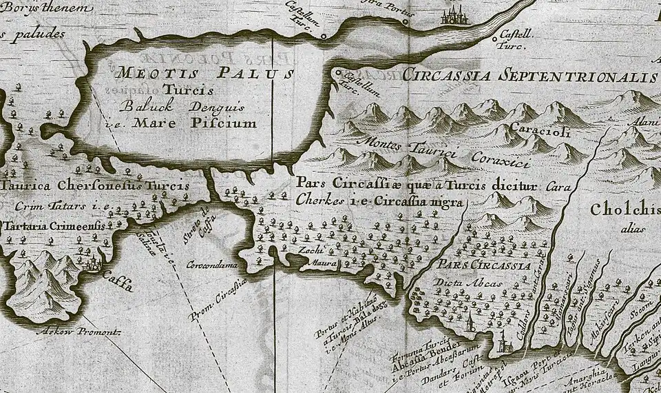 Détail d'une carte géographique ancienne de la mer Noire montrant la Circassie.