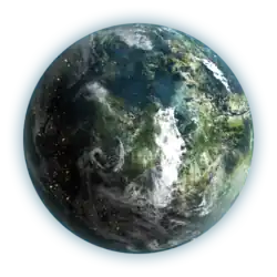 Vision d'artiste d'une planète recouverte de forêts et d'océans.