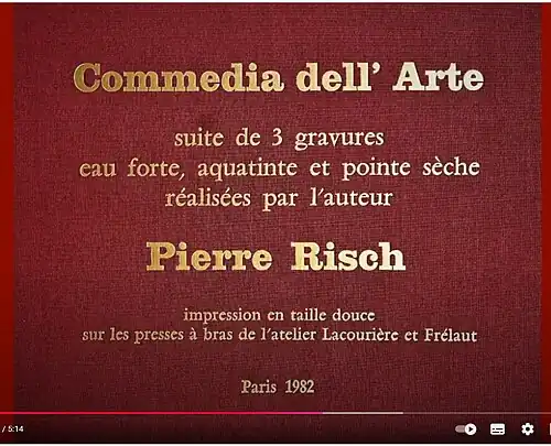 gros plan du portefeuille de la suite des 3 gravures Commedia dell' Arté réalisées par Pierre Risch.