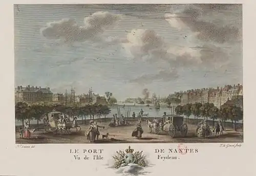 Le port de Nantes vu de l'île Feydeau en direction de l'aval, 1776. Estampe de Nicolas Ozanne.