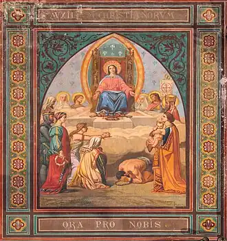 Peinture murale d'Adolphe Brucker : la Vierge trônant dans les nuées entourée de saints