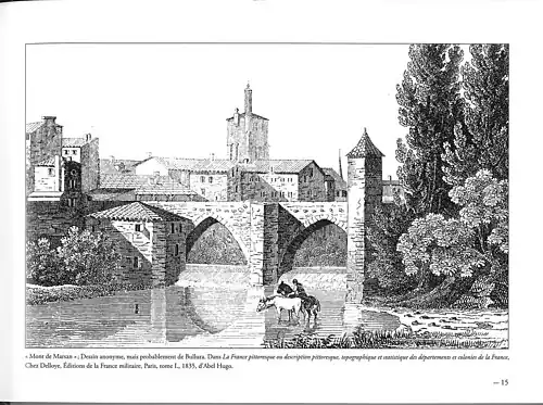 Illustration de 1835 montrant l'ancien pont du Bourg (détruit en 1816) et l'ancien clocher de église de la Madeleine en arrière-plan (effondré en 1821).